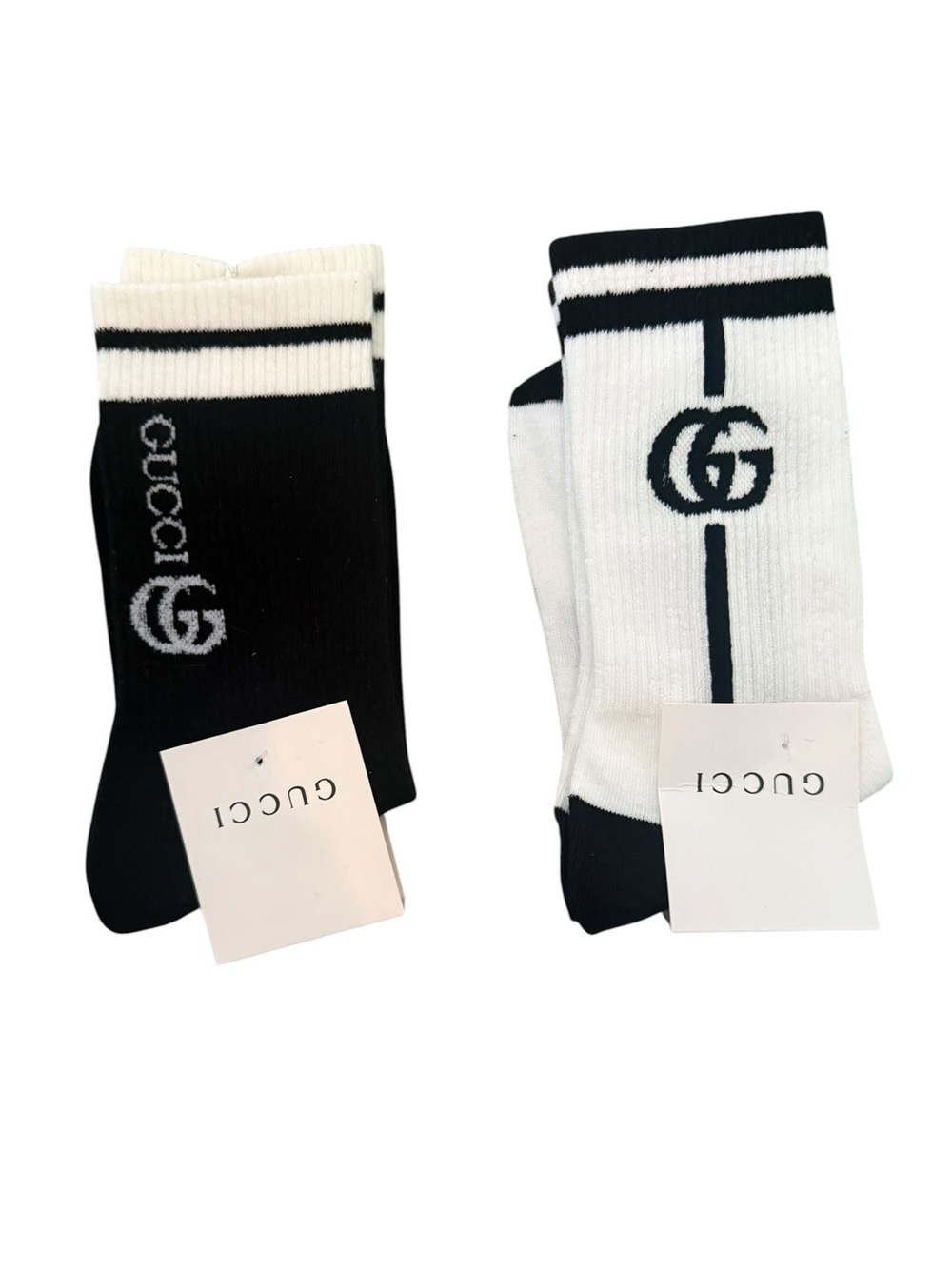 2 Pair Gucci Outlet Women’s Black & White Logo Crew Socks - Pack of 2